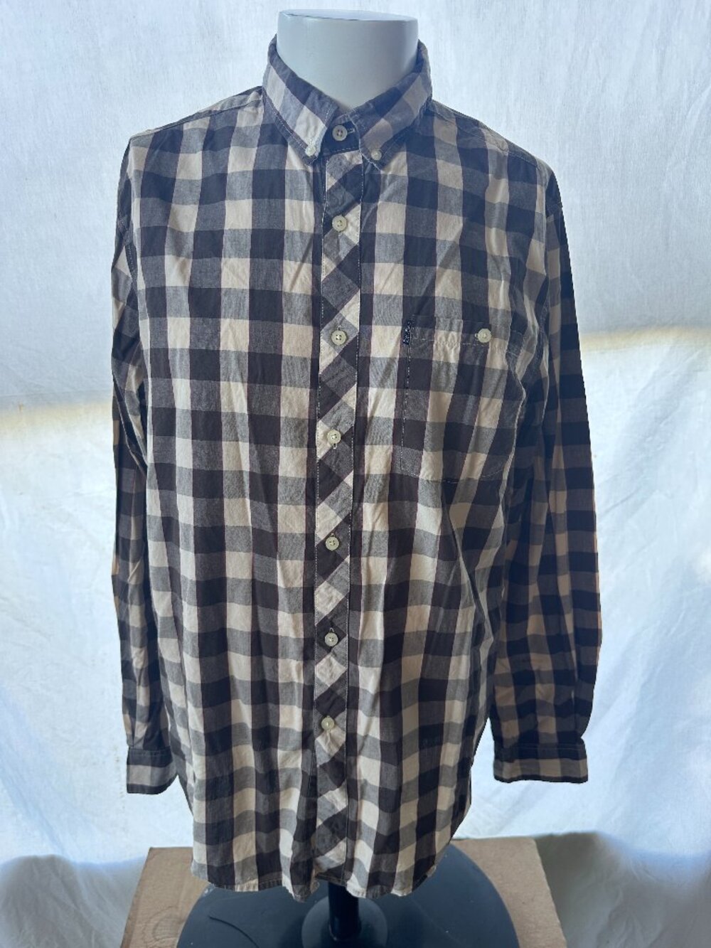 Crooks & Castles Men's Brown Beige Plaid LS Button Front Shirt Large Cotton